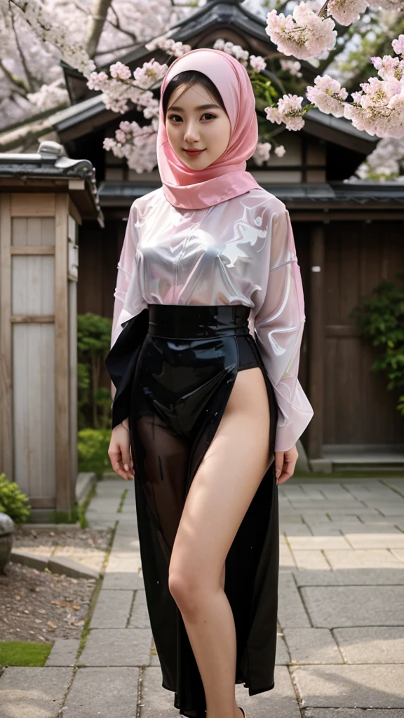 最high quality、high quality、best image quality、8K、最High resolution、High resolution、最high quality、masterpiece、realistic pictures、RAW photo、realistic atmosphere、Hijab women, (detailed face)、(fine hands、thumb1reference4)、(beauty of hijab japan )、very nice face、cute face、((beautiful hijab japanese girl))、(woman), ((18 year old beautiful girl))、(glossy black hair)、long hijab、whole body、slim style、(shiny skin)、(Fair skin, Glossy skin)、real human skin、realistic human body structure、perfect body, perfect face, perfect hands, perfect fingers, perfect lips, perfect eyes,perfect teeth、perfect background, perfect atmosphere,soft natural light、samurai kimono、maiko kimono、servant、geisha kimono、japanese kimono、Furisode、kimono、Yukata、japanese traditional、Samurai Residence、Japanese garden、((colorful transparent vinyl(クロストップkimono、Cross top hakama with side slits))、((Under the cherry blossom tree in full bloom(Poses that make your thighs look sexy))