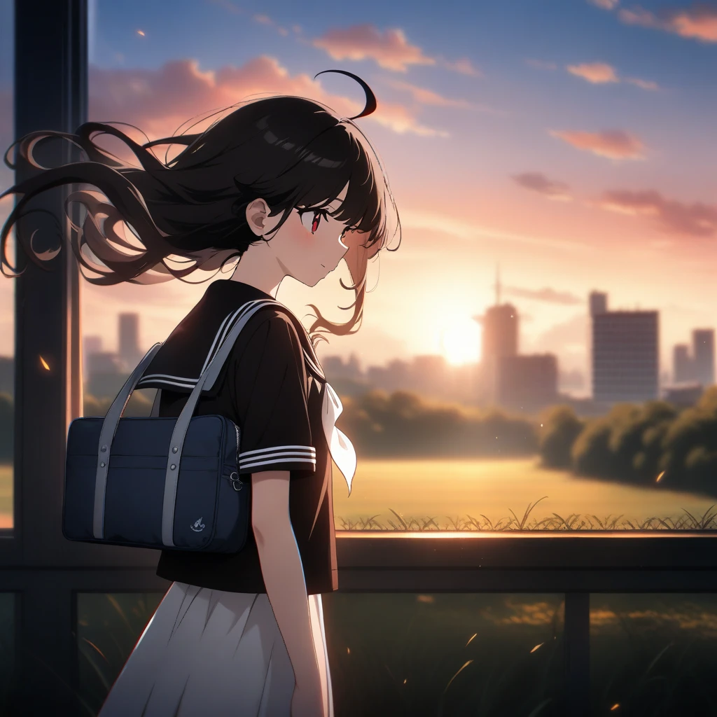1girl, chipa \(arutana\), absurdres, absurdres, official art, ahoge, backlighting, bag, black hair, black sailor collar, black shirt, blurry, building, cloud, from side, depth of field, evening, floating hair, grass, outdoors, red eyes, sailor collar, scenery, school bag, , shirt, short sleeves, sky, solo, sunset, tree, uniform, window, lens flaire, chromatic aberration, ((very aesthetic, best quality, ultra detailed)), new, newest