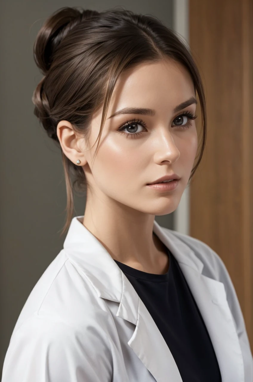 30 year old woman with brunette hair, wearing formal wear.