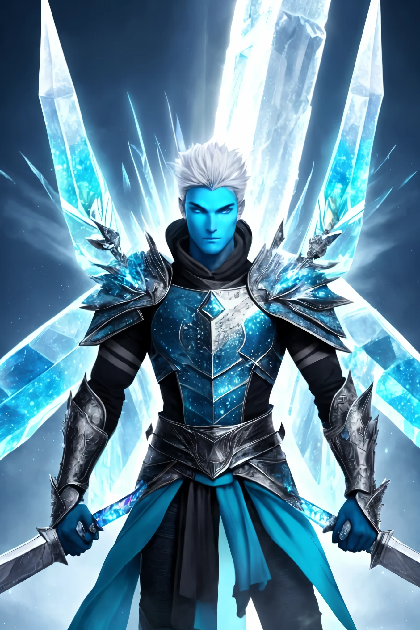 A towering ice warrior, adorned in shimmering, frost-encrusted armor, boldly strides across the radiant rainbow bridge. His breath fogs in the air, crystallizing as he emits a chilling fog, and his piercing blue eyes gleam with an icy resolve. In his hand, he grips a sword forged entirely of ice, its edges as sharp as the winds of the North. With his last remaining reserves of strength, power and fearlessness etched on his weather-beaten face, he treks forward, the kaleidoscope of colors from the bridge refracting off his frost-kissed visage as he steadily advances towards