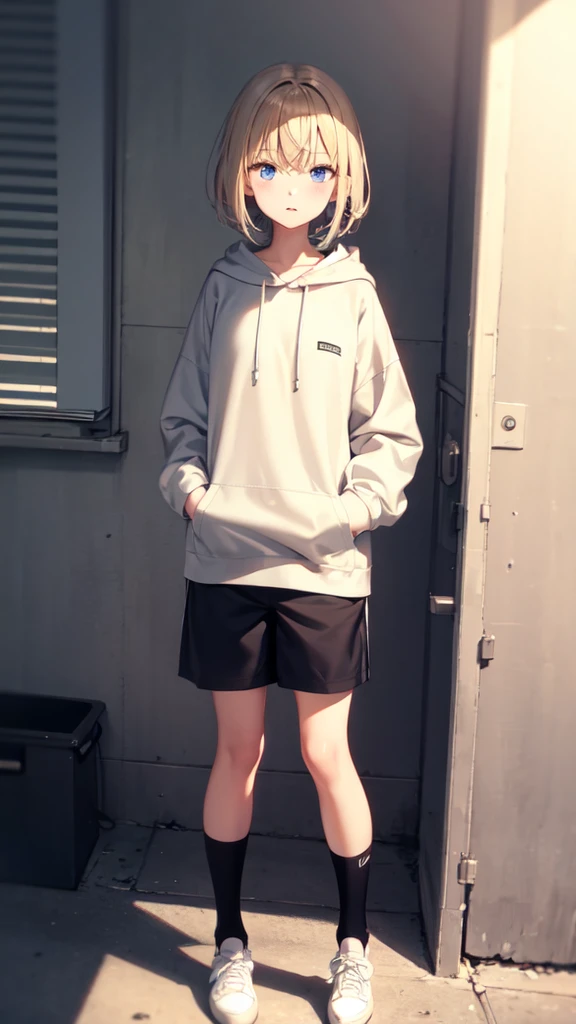 ((front)), A girl with short beige hair and blue eyes wearing a hoodie and short pants, whole body, To the tip of the shoe, front, Standing still, Plain background,