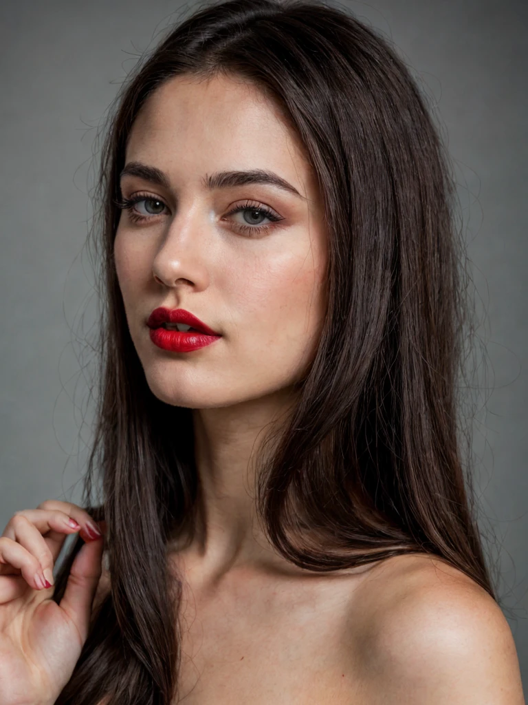 Photoshoot, woman, long dark brown hair, black eyes, red lipstick, ultra realistic