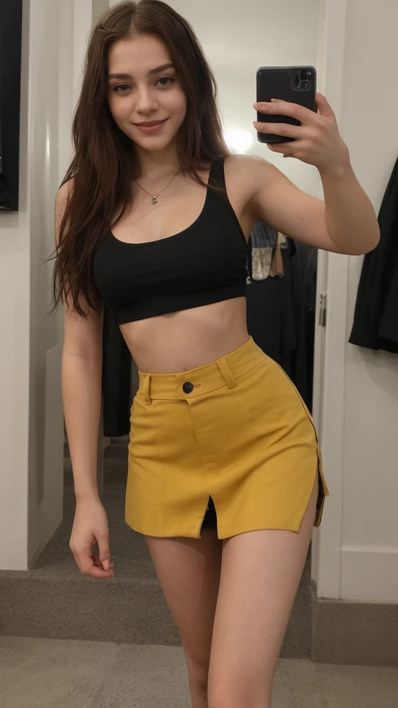 18-year-old woman similar to Chloë Grace Moretz,smiling, long hair, messy red hair, taking a selfie in a mirror with a cell phone without covering her face, high-waist-black-skirt, wearing a mustard-colored tank top and a black skirt, wearing a short top and miniskirt, skater skirt, slim waist, short black skirt, beautiful short skirt, with a slim waist, short skirt, black skirt, cute casual streetwear, photo of slim girl, instagram model, Masterpiece, high definition, hyper realistic, perfect image