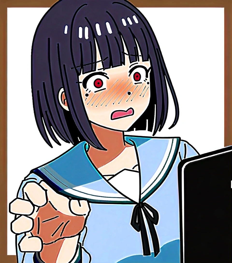 One Girl、憎たらしい、Looking at the iPhone、high school girl、anime、hoodie、Black Hair、Blunt bangs、Drunk Eyes、Sailor suit、Red eyes、Bobcut、two-tone hair、 High resolution, 1 Girl, Korean, Small mole under eye,Drooping eyes、