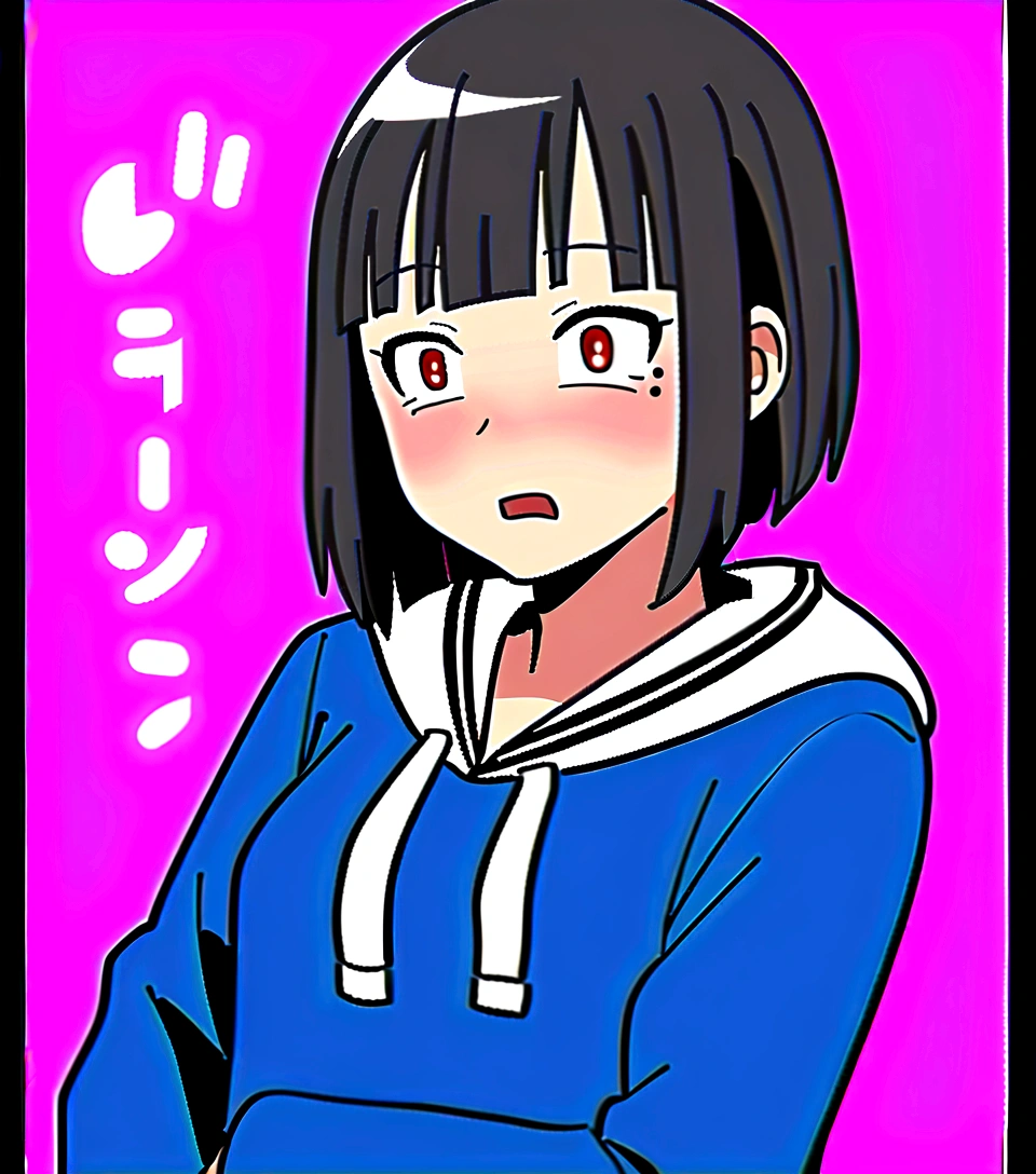 One Girl、憎たらしい、Looking at the iPhone、high school girl、anime、hoodie、Black Hair、Blunt bangs、Drunk Eyes、Sailor suit、Red eyes、Bobcut、two-tone hair、 High resolution, 1 Girl, Korean, Small mole under eye,Drooping eyes、