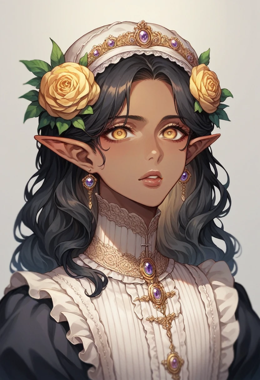 a 26 year old dark skinned elf boy with long dark hair,golden eyes,victorian era anime style,intricate details,highly detailed face,beautiful detailed eyes,beautiful detailed lips,extremely detailed skin and facial features, anime style