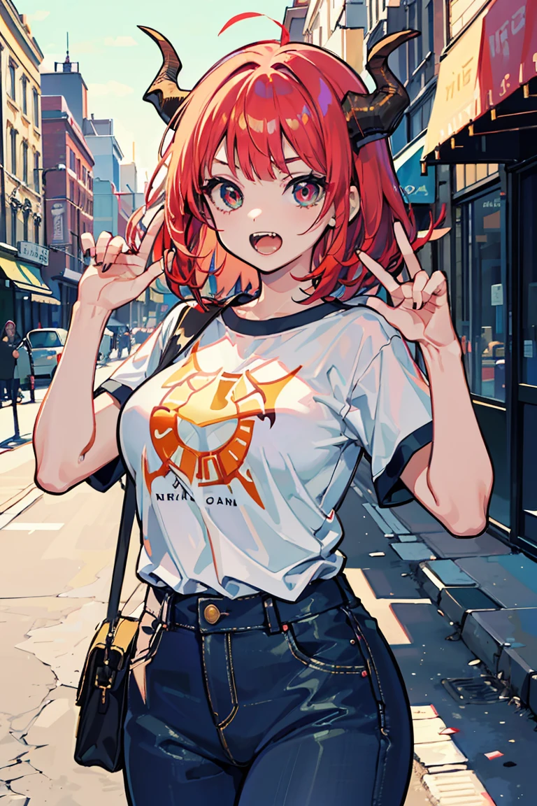 (1 Girl), (Dragon Girl), ((Oriental dragon horns growing from the head)), (Gao's Pose), Asymmetrical Hairstyles, (super high quality), masterpiece, Cowboy Shot, (((Dragon's Eyes))), Crimson Hair, Mid cut, Tie the ends of your hair, Casual Scene, Tense atmosphere, She is wearing fashionable clothes, sun, Emits warm tones, Street atmosphere, Perfect body, (E Cup:1.2), Open your mouth wide, Jagged teeth, Fresh, (Long bangs:1.3)Highly detailed face and eyes, Band T-shirts, Digital Art, beautiful, Cinema Lighting, yusuke murata.tonality, Romanticism, modern art, Impressionism, reflected light, 8K, masterpiece, Advanced Details, Highest quality, Accurate anatomy
