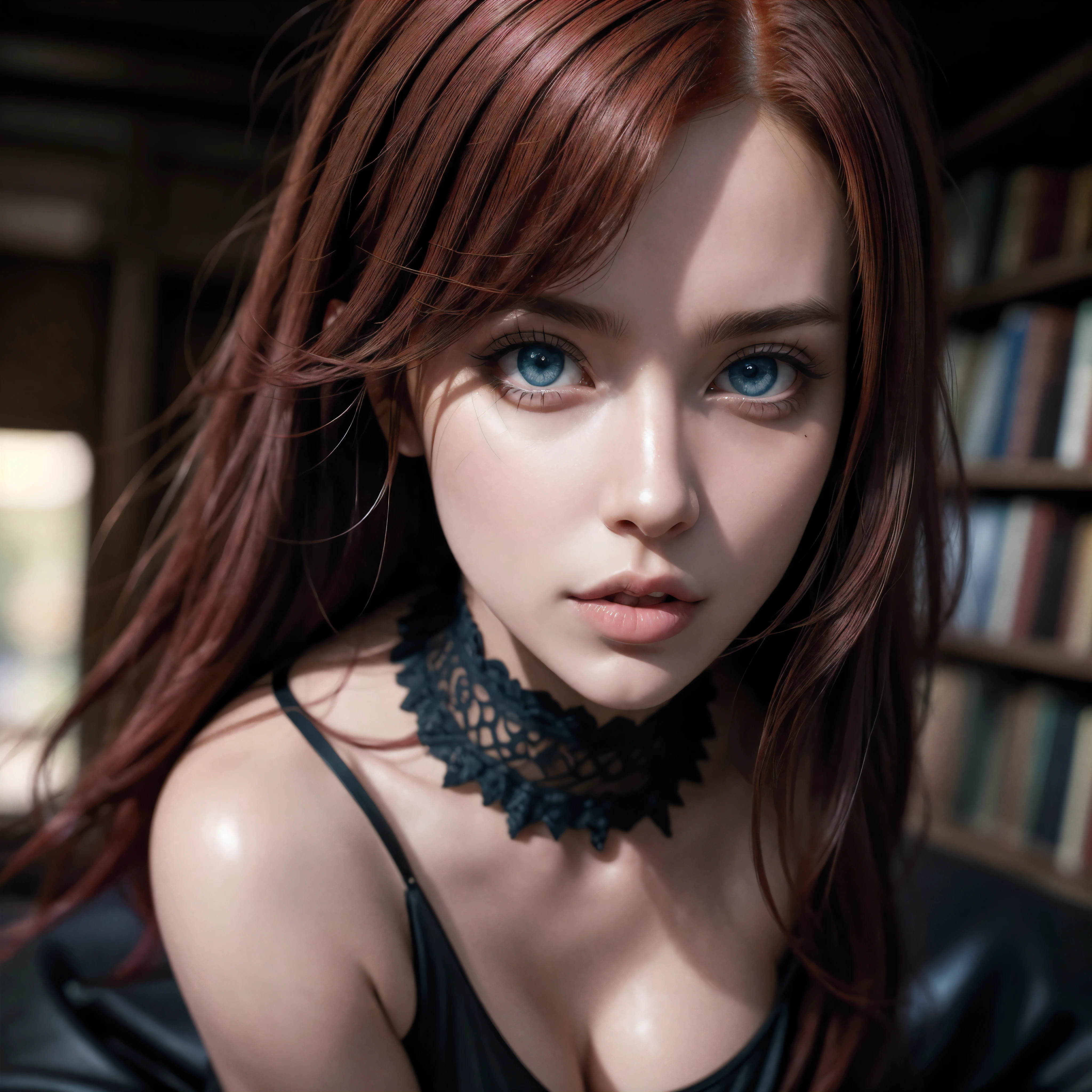 1 milf, solo, full body, ((red hair, blue eyes)), (Best quality, high resolution: 1.2), Ultra detailed, realistic, a beautiful milf with huge breasts, wearing round glasses, sitting on a table in a library , wearing tight black latex stockings that dig into her juicy thighs, wearing a choker collar that strongly compresses her neck, her tongue sticking out and eyes rolled up, (best quality,4k,8k,highres,masterpiece:1.2),ultra-detailed ,(realistic,photorealistic,photo-realistic:1.37),detailed eyes,detailed lips,extremely detailed face,long eyelashes,elegant mature woman,seductive pose,intense expression,chiaroscuro lighting,moody atmosphere,dramatic shadows,rich colors,cinematic, portrait. (Perfect details: 1.1), (beautiful and clear background: 1.2), (Extremely detailed CG, Ultra detailed, best shadow: 1.1), (perfectly detailed beautiful eyes), (full length 1.1)