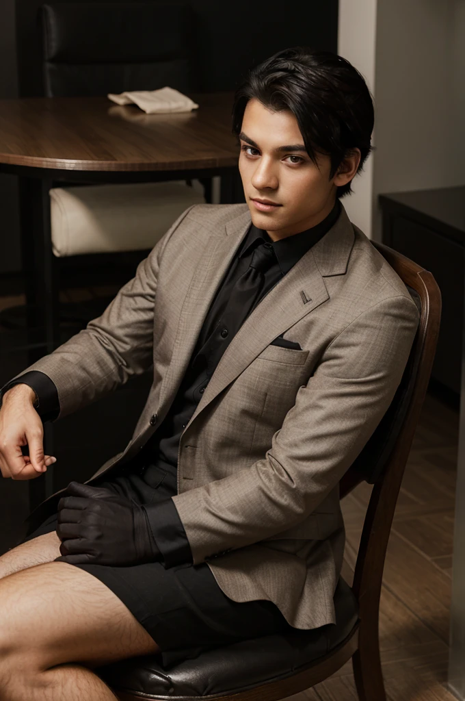 Boy with formal clothes, muscular black hair, light brown eyes and sitting on a chair.