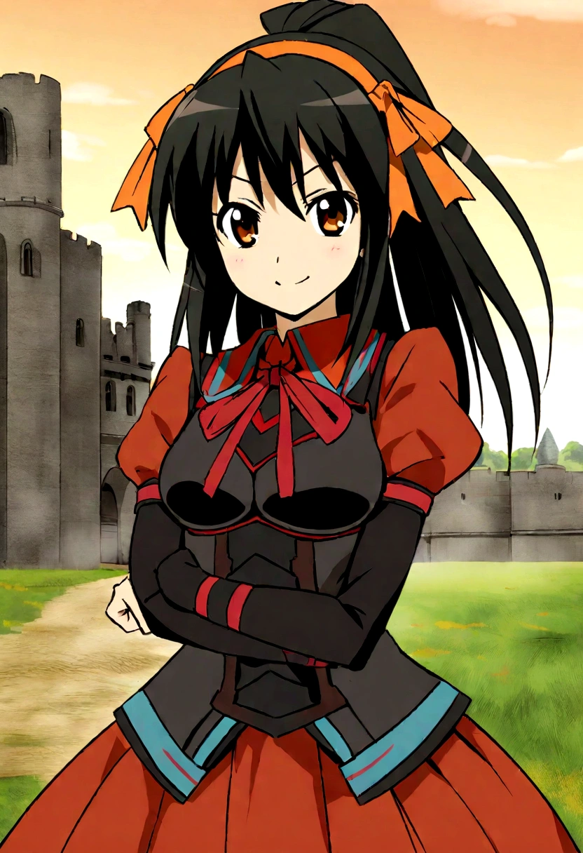 art by yaguru magiku, A teenage girl wearing a black knight armor, angry smile, in the style of Kyoto Animation in the 2010s, official art, ((((black hair)), eyes of Haruhi Suzumiya, face of Haruhi Suzumiya)), beautiful symmetric face, ponytail, at a medieval european castle on an autumn day, fantasy, alone, solo, 8k, posing of Haruhi Suzumiya