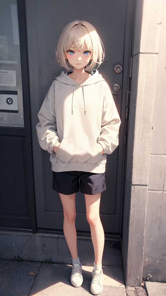 ((front)), A girl with short beige hair and blue eyes wearing a hoodie and short pants, whole body, Put on some white shoes, Take your hands out of your pockets, front, Standing still,