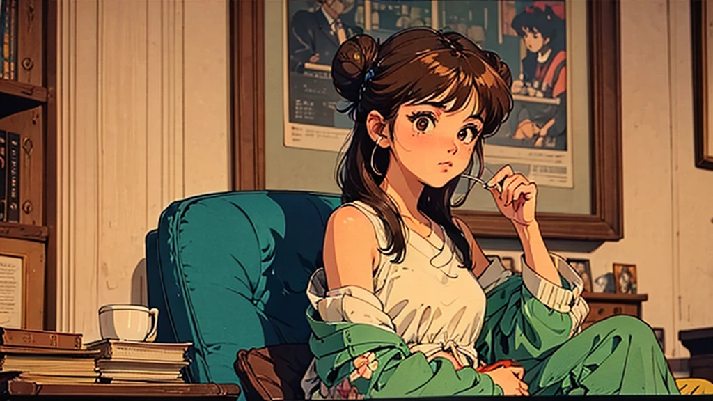 A girl, 80s anime style, retro, lo-fi, piercing, bun