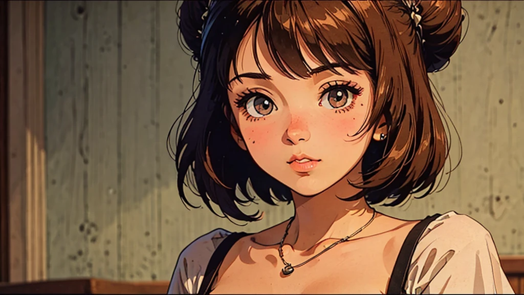 A girl, 80s anime style, retro, lo-fi, piercing, bun
