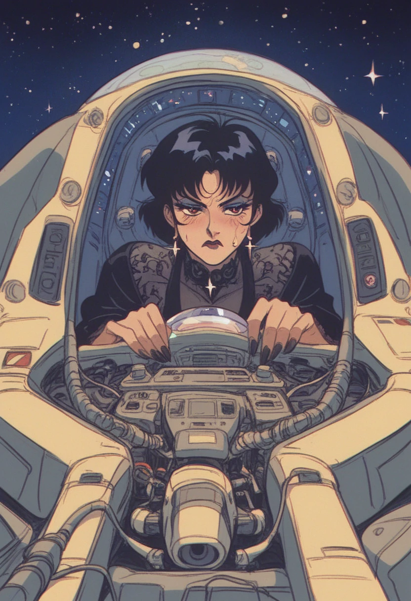 ((gothic vampire piloting in gothic spacecraft)), (((retro anime))), ((from below)), ((120 fov)), ((((gothic control panels)))), ((mature)), (((gothic))), iridescent bodysuit, ((lace accessories)), ((pilot seat)), ((((lying back)) pose)), ((elegant)), (((serious tone))), futuristic, ((cockpit top control panel)), intricate control panel details, 1990s (style), [blushing], sweat, masterpiece, ((claustrophobic)), sparkles, best quality, screens, ((pilot helmet)), ((hands on controls)), night, space, ((cockpit lights))