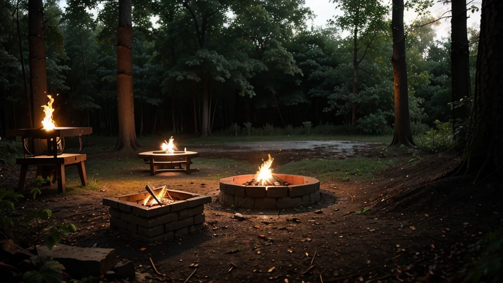 A bed in the forest, with a fire pit, in the middle of the night, it was raining.
