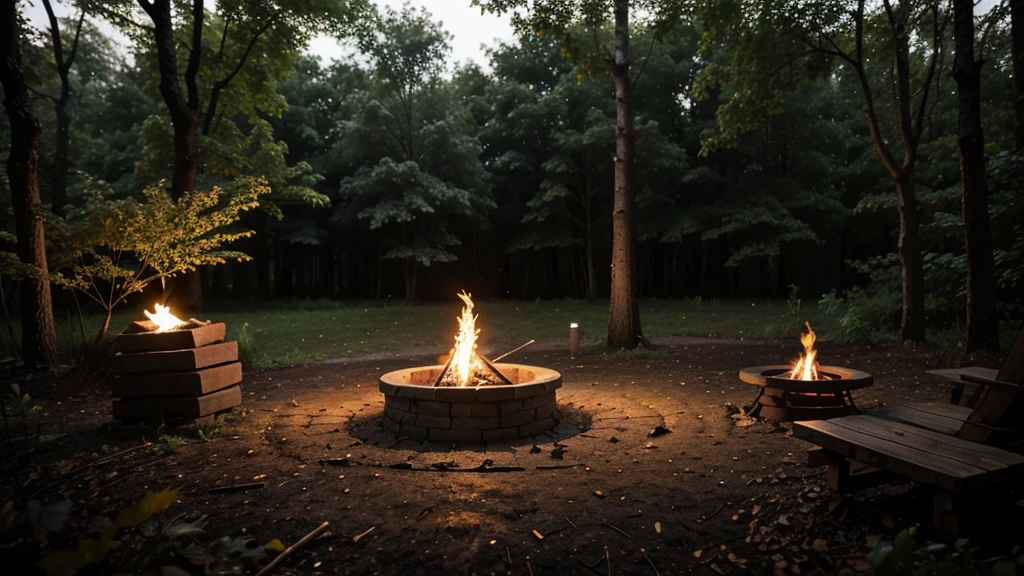 A bed in the forest, with a fire pit, in the middle of the night, it was raining.
