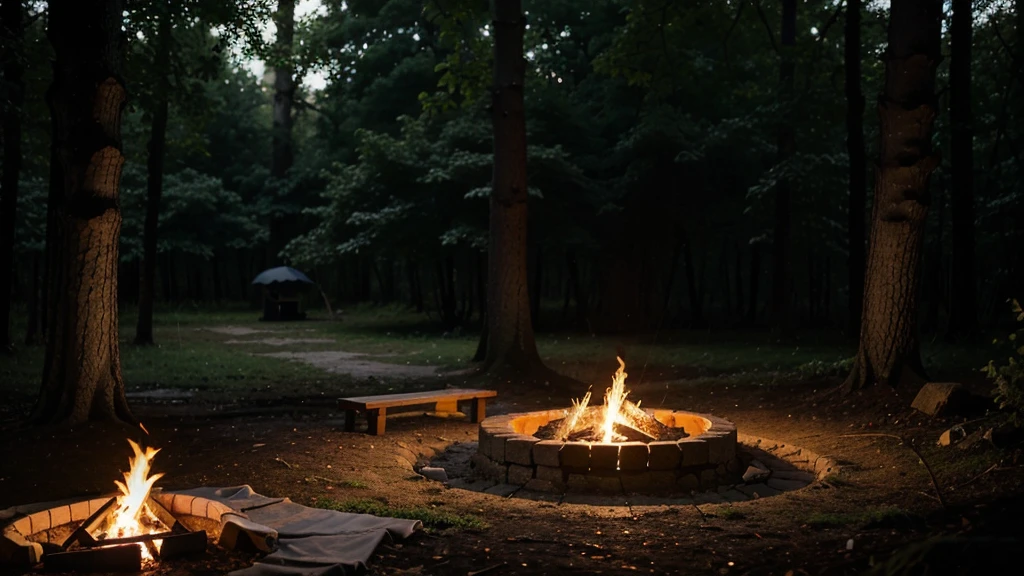 A bed in the forest, with a fire pit, in the middle of the night, it was raining.
