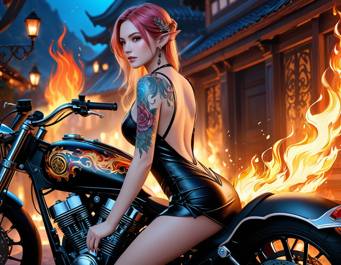 Arafed, Dark fantasy art, fantasy art, goth art, a picture of a of a tattooed female elf near her motorcycle (masterwork, best detailed, ultra detail: 1.5)  the tattoo is vivid, intricate detailed coming to life from the ink to real life, GlowingRunesAI_pale_blue, ((fire surrounds the motorcycle: 1.5)), ultra feminine, ((beautiful delicate face)), Ultra Detailed Face, small pointed ears, dynamic angle, ((the back is visible: 1.3), she wears a transparent black dress, the dress is elegant, flowing, elven style, that the tattoos glow, dynamic hair color, dynamic hair style, high details, best quality, 16k, [ultra detailed], masterpiece, best quality, (extremely detailed), dynamic angle, full body shot, faize, drkfntasy, Digital Painting