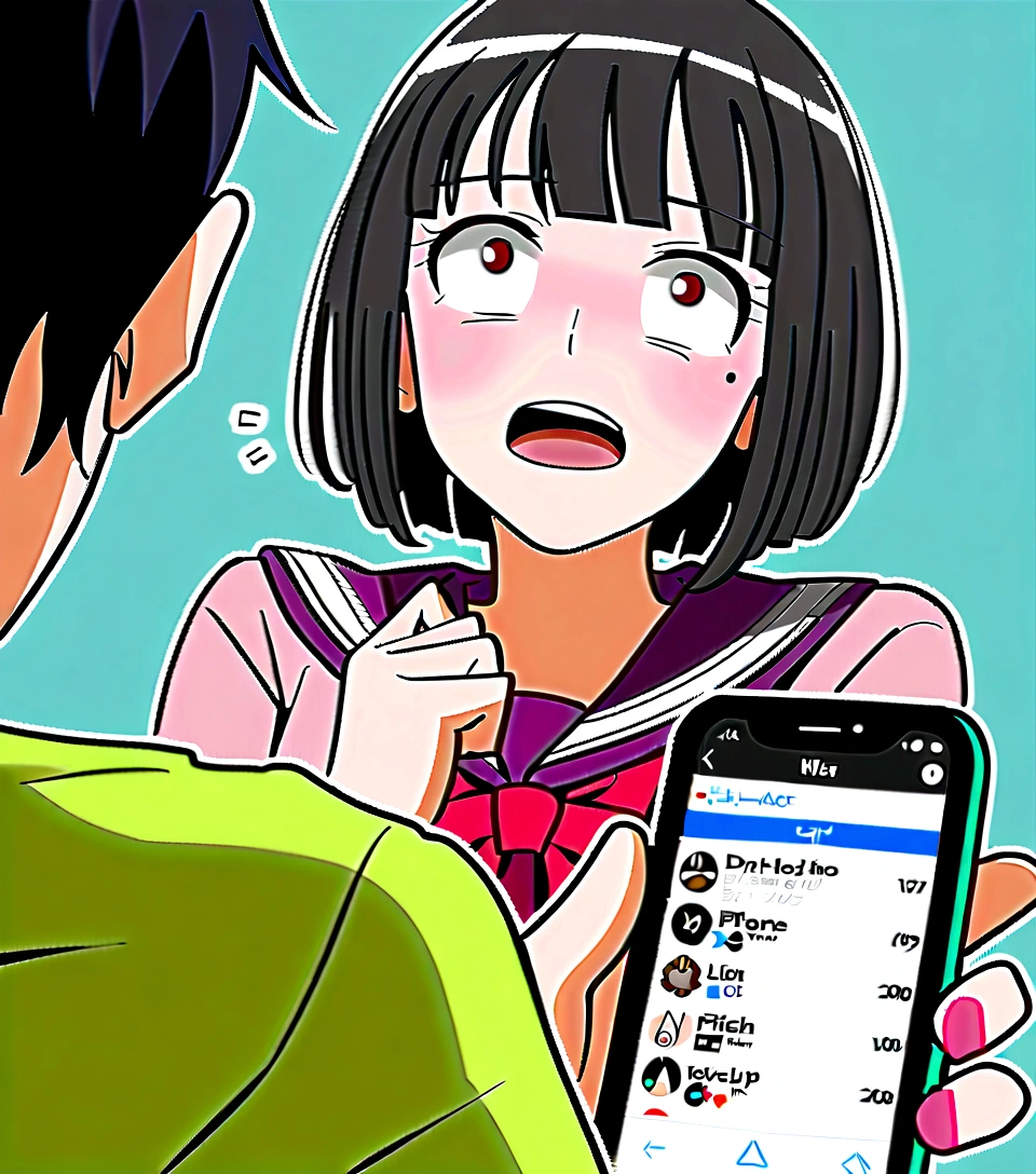 One Girl、ツンデレ、Face Up、Looking at the iPhone、high school girl、anime、hoodie、Black Hair、Blunt bangs、Drunk Eyes、Sailor suit、Red eyes、Bobcut、two-tone hair、 High resolution, 1 Girl, Korean, Small mole under eye,Drooping eyes、
