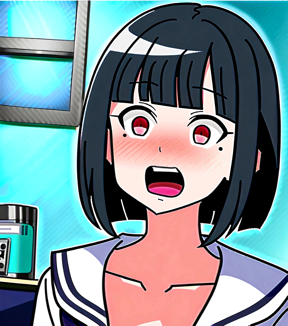 One Girl、ツンデレ、Face Up、Looking at the iPhone、high school girl、anime、hoodie、Black Hair、Blunt bangs、Drunk Eyes、Sailor suit、Red eyes、Bobcut、two-tone hair、 High resolution, 1 Girl, Korean, Small mole under eye,Drooping eyes、