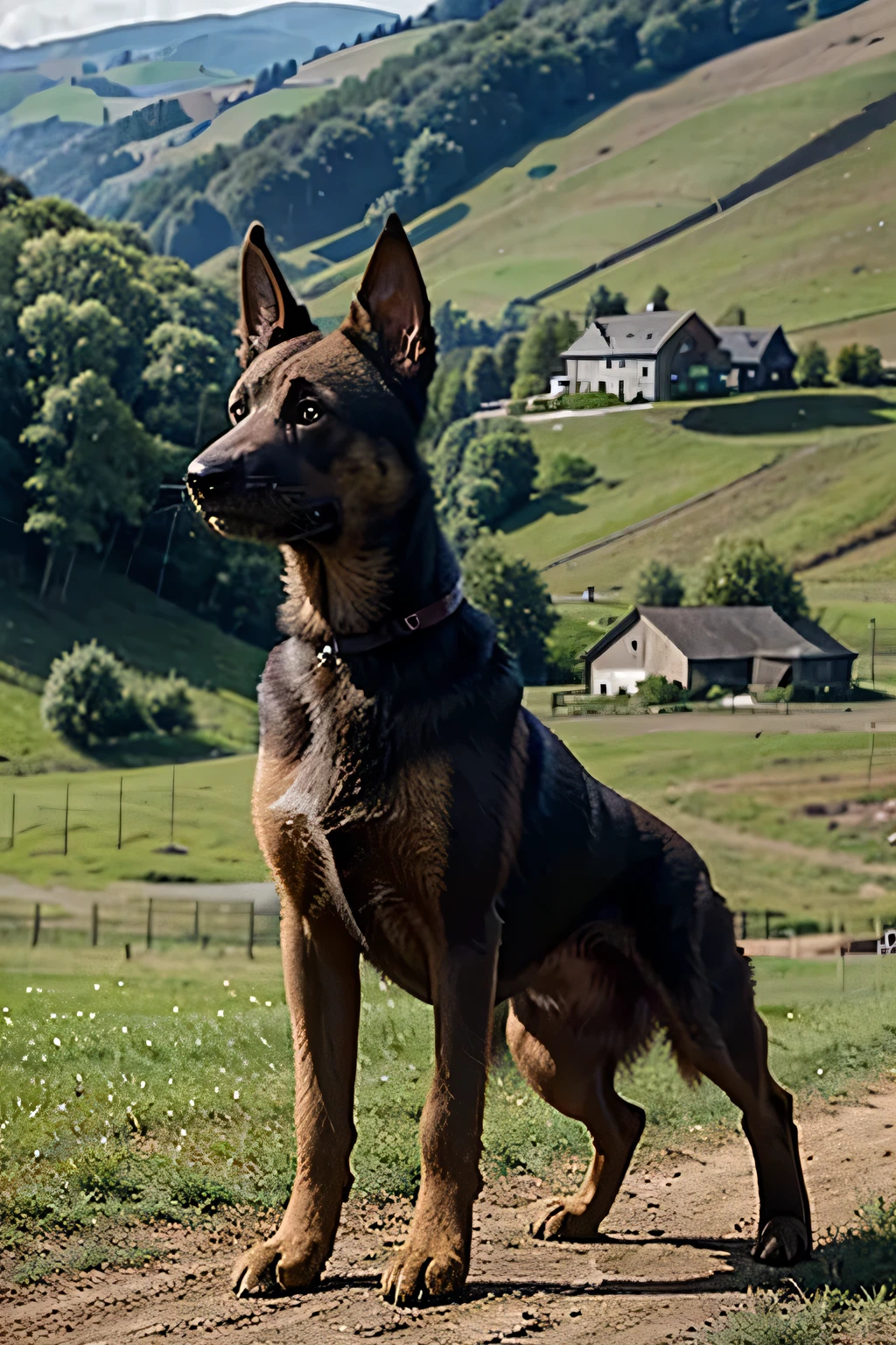 light brown, belgian malinois, dog, athletic build, alert stance, a green hills and a farm in the background,
