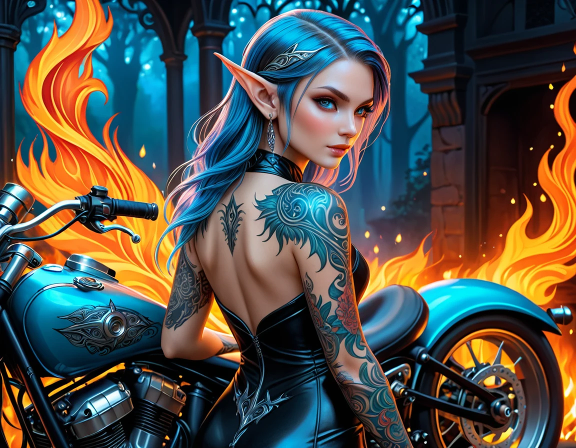 Arafed, Dark fantasy art, fantasy art, goth art, a picture of a of a tattooed female elf near her motorcycle (masterwork, best detailed, ultra detail: 1.5)  the tattoo is vivid, intricate detailed coming to life from the ink to real life, GlowingRunesAI_pale_blue, ((fire surrounds the motorcycle: 1.5)), ultra feminine, ((beautiful delicate face)), Ultra Detailed Face, small pointed ears, dynamic angle, ((the back is visible: 1.3), she wears a transparent black dress, the dress is elegant, flowing, elven style, that the tattoos glow, dynamic hair color, dynamic hair style, high details, best quality, 16k, [ultra detailed], masterpiece, best quality, (extremely detailed), dynamic angle, full body shot, faize, drkfntasy, Digital Painting