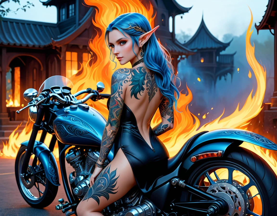 Arafed, Dark fantasy art, fantasy art, goth art, a picture of a of a tattooed female elf near her motorcycle (masterwork, best detailed, ultra detail: 1.5)  the tattoo is vivid, intricate detailed coming to life from the ink to real life, GlowingRunesAI_pale_blue, ((fire surrounds the motorcycle: 1.5)), ultra feminine, ((beautiful delicate face)), Ultra Detailed Face, small pointed ears, dynamic angle, ((the back is visible: 1.3), she wears a transparent black dress, the dress is elegant, flowing, elven style, that the tattoos glow, dynamic hair color, dynamic hair style, high details, best quality, 16k, [ultra detailed], masterpiece, best quality, (extremely detailed), dynamic angle, full body shot, faize, drkfntasy, Digital Painting