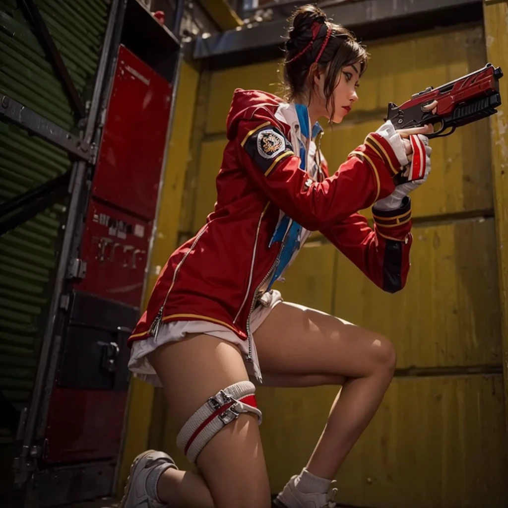 Close-up of a girl crouching with a gun