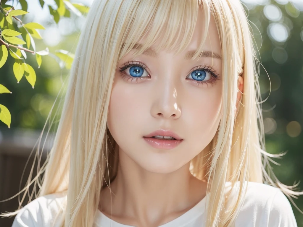 Her shiny, bright blonde hair is dazzlingly y.、 17 te sexy little beaful face 、Shiny hair dancing in front of a pretty face、Long, silky bangs that cover the eyes、Glowing pale light blue eyes、Hair that hides the face、Hair is too long、Sexy and cute younoman、Long, shiny, light blonde hair,,、dressing、T-Shirts、Big ample breasts、Bright expresite beautiful skin、Cheek luster、Small Face Beauty、