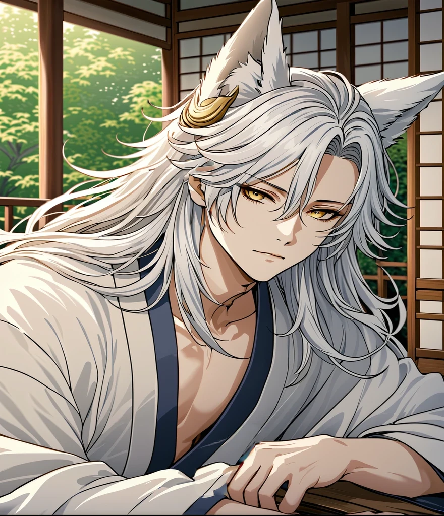 anime - style image of a man with a cat's head and a cat's tail, white - haired fox, onmyoji portrait, yee chong silverfox, onmyoji detailed art, onmyoji, white haired deity, white fox anime, vampire white fox, handsome japanese demon boy, fit male demon with white horns, heise jinyao