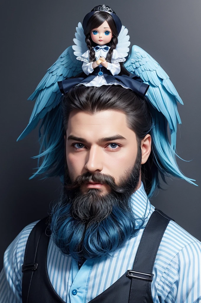 create a logo of a doll with angelic blue and a beard 