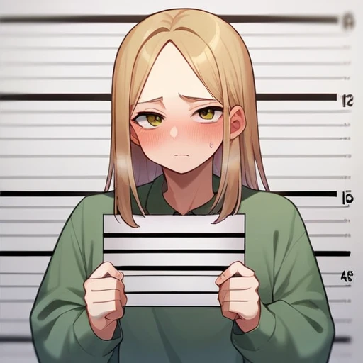 Long blonde hair, handcuffed, arrested, mature female, milf, big breasts ,40 years old, pon prison uniform, prisoner, black and white stripe prison uniform, waifu material, mature