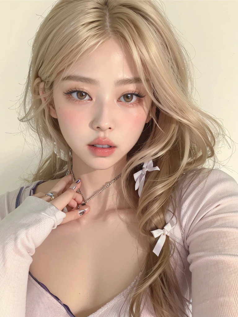 blonde woman with long hair holding a white cell phone, retrato de kim petras, maquillaje popular de corea del sur, retrato de jossi de blackpink, parque roseanne de blackpink, ulzzang, maquillaje coreano popular, cruel korean gothic girl, ava max, con el pelo largo y blanco, inspirado en Yanjun Cheng, bella delfina, kim taejin