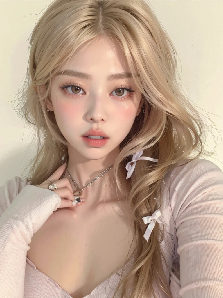 blonde woman with long hair holding a white cell phone, retrato de kim petras, maquillaje popular de corea del sur, retrato de jossi de blackpink, parque roseanne de blackpink, ulzzang, maquillaje coreano popular, cruel korean gothic girl, ava max, con el pelo largo y blanco, inspirado en Yanjun Cheng, bella delfina, kim taejin