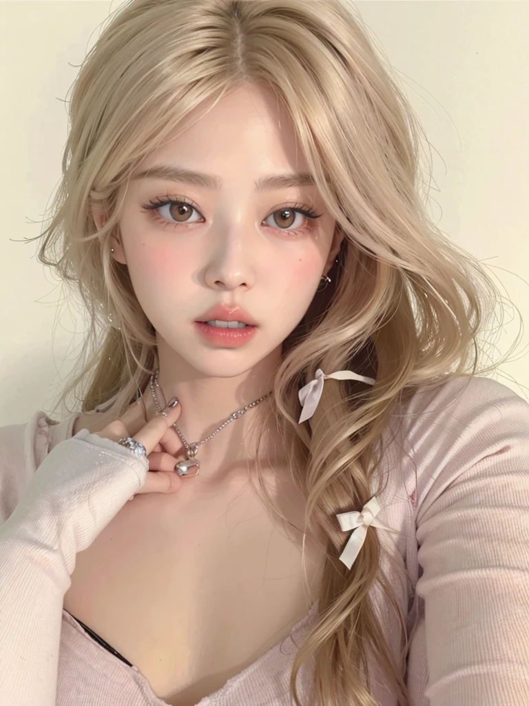 blonde woman with long hair holding a white cell phone, retrato de kim petras, maquillaje popular de corea del sur, retrato de jossi de blackpink, parque roseanne de blackpink, ulzzang, maquillaje coreano popular, cruel korean gothic girl, ava max, con el pelo largo y blanco, inspirado en Yanjun Cheng, bella delfina, kim taejin