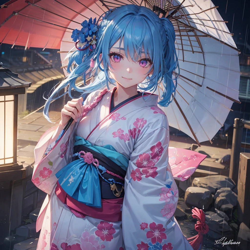 Sky blue hair, (Braided Ponytail),(Pink Eyes),Fair skin ,(whole body),(1 Girl),smile,Straight bangs,(masterpiece, Highest quality, Very detailed, Best Shadow), (Detailed Background), (Beautifully detailed face), High Contrast, (Best lighting, Very delicate and beautiful), ((Cinematic Light)), colorful, Hyper Detail, Dramatic Light, Intricate details,Rain showers,Kyoto,Japanese Umbrella,kimono,