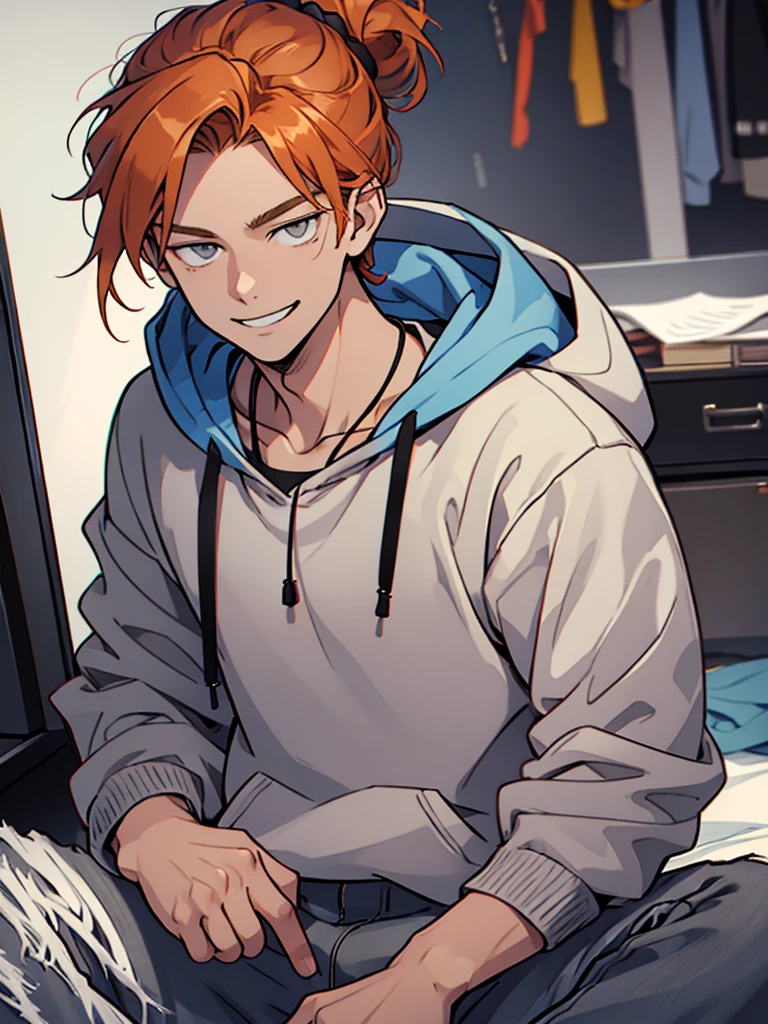 Masterpiece, high quality, 16 year old male, dark orange hair, manbun, grey eyes, grey corduroy hoodie, white t-shirt, blue jeans, deep blue necklace, relaxed smile