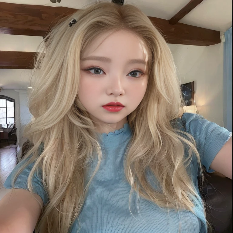 A close-up of a woman with long blonde hair and a blue shirt, roseanne park by blackpink, beautiful south korean woman, korean girl, Beautiful young Korean woman, jennie pink black, Beautiful young Korean woman, young and adorable korean face, Korean face features, pale korean adorable face, heonhwa choe, jaeyeon nam, A girl with blonde hair