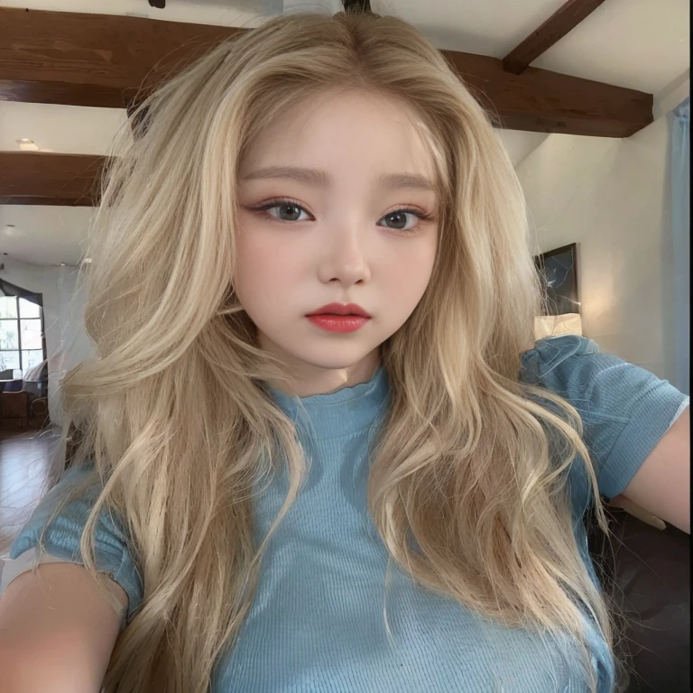 A close-up of a woman with long blonde hair and a blue shirt, roseanne park by blackpink, beautiful south korean woman, korean girl, Beautiful young Korean woman, jennie pink black, Beautiful young Korean woman, young and adorable korean face, Korean face features, pale korean adorable face, heonhwa choe, jaeyeon nam, A girl with blonde hair