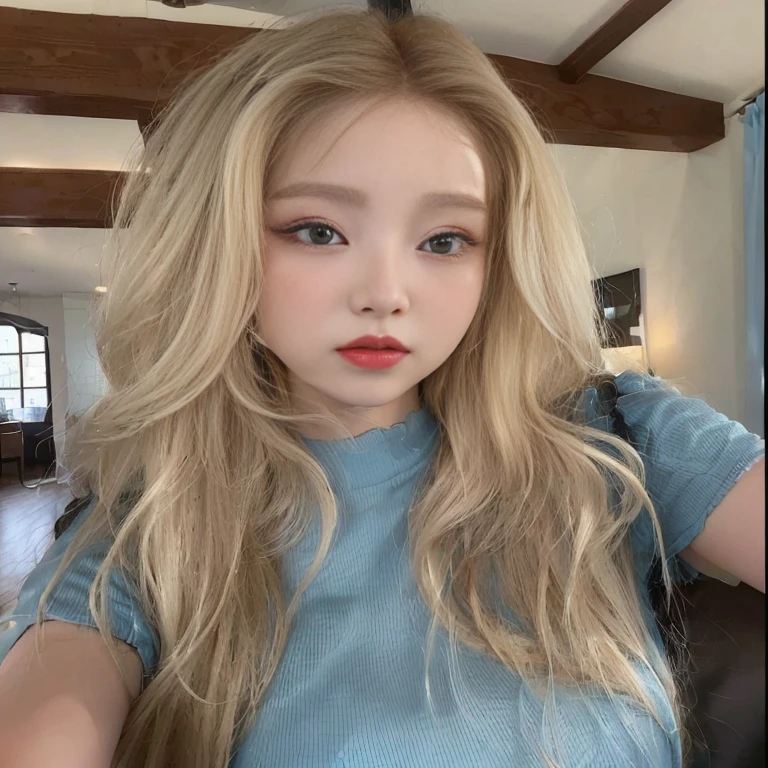 A close-up of a woman with long blonde hair and a blue shirt, roseanne park by blackpink, beautiful south korean woman, korean girl, Beautiful young Korean woman, jennie pink black, Beautiful young Korean woman, young and adorable korean face, Korean face features, pale korean adorable face, heonhwa choe, jaeyeon nam, A girl with blonde hair