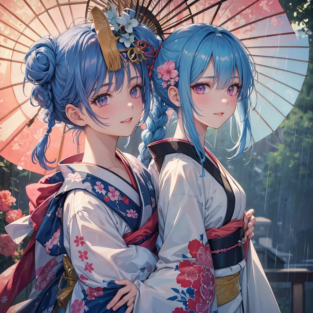 Sky blue hair, (Braided Ponytail),(Pink Eyes),Fair skin ,(whole body),(1 Girl),smile,Straight bangs,(masterpiece, Highest quality, Very detailed, Best Shadow), (Detailed Background), (Beautifully detailed face), High Contrast, (Best lighting, Very delicate and beautiful), ((Cinematic Light)), colorful, Hyper Detail, Dramatic Light, Intricate details,Rain showers,Kyoto,Japanese Umbrella,kimono,