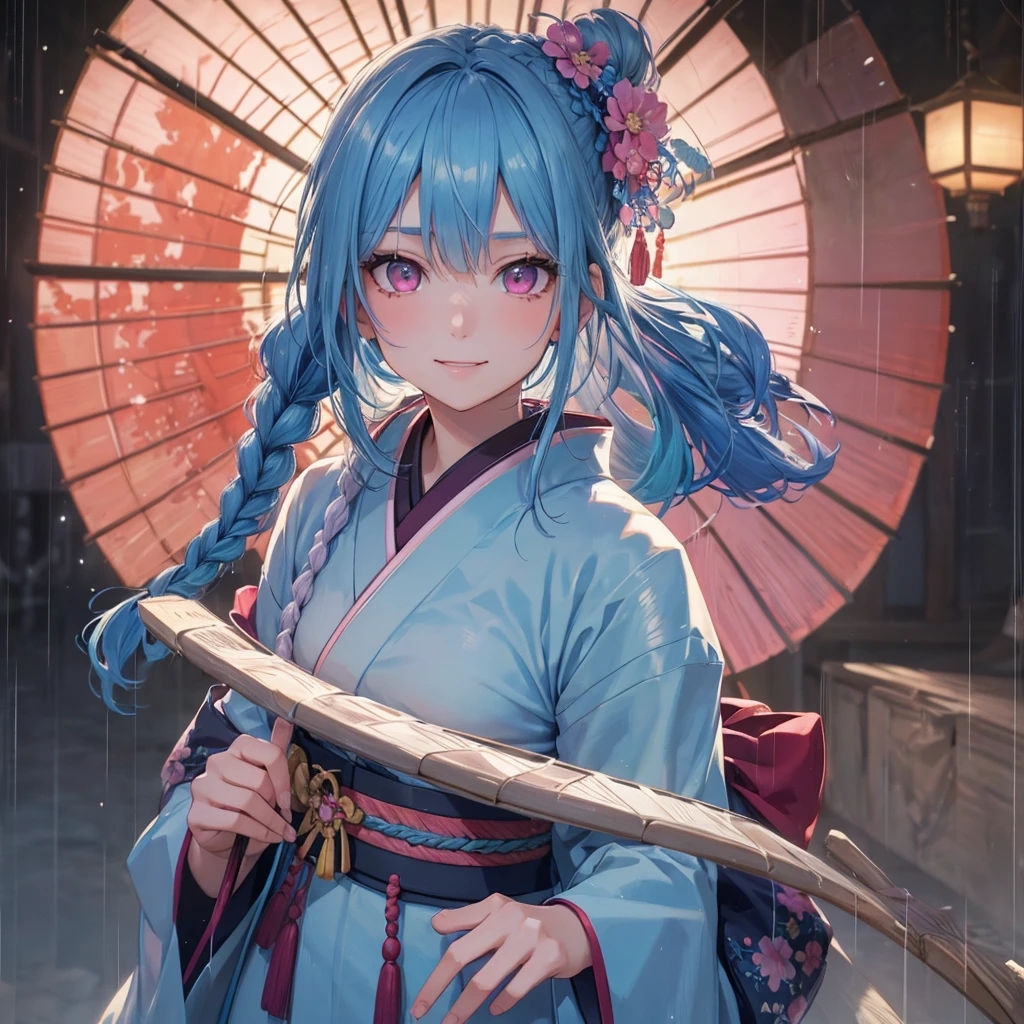 Sky blue hair, (Braided Ponytail),(Pink Eyes),Fair skin ,(whole body),(1 Girl),smile,Straight bangs,(masterpiece, Highest quality, Very detailed, Best Shadow), (Detailed Background), (Beautifully detailed face), High Contrast, (Best lighting, Very delicate and beautiful), ((Cinematic Light)), colorful, Hyper Detail, Dramatic Light, Intricate details,Rain showers,Kyoto,Japanese Umbrella,kimono,