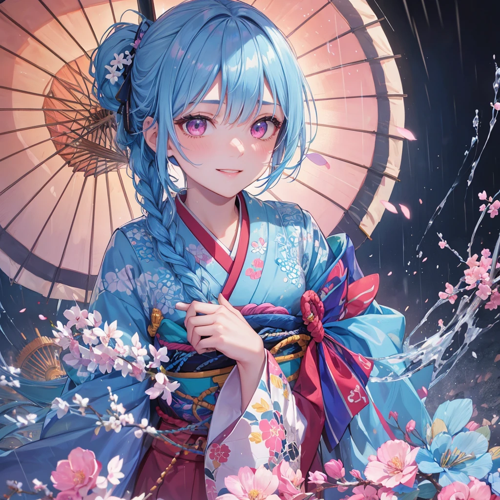 Sky blue hair, (Braided Ponytail),(Pink Eyes),Fair skin ,(whole body),(1 Girl),smile,Straight bangs,(masterpiece, Highest quality, Very detailed, Best Shadow), (Detailed Background), (Beautifully detailed face), High Contrast, (Best lighting, Very delicate and beautiful), ((Cinematic Light)), colorful, Hyper Detail, Dramatic Light, Intricate details,Rain showers,Kyoto,Japanese Umbrella,kimono,