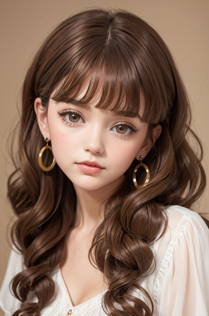 Create a curly Blythe Doll image with large round earrings and a little bangs on the forehead