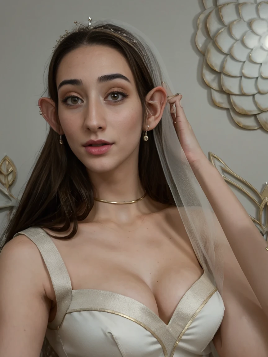 Extremely busty thin and toned brunette elf maiden, elegant woman, fair skin, loose updo, soft face, elf ears, athletic, see-through white dress, jewelry, bangles, gold accessories. detailed background, elvish garden, pavilion, elf city.