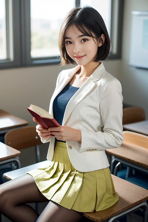 (a beautiful 20-year-old Chinese college girl, posing in college classroom setting, wearing a lime blazer uniform, white pleated mini-skirt, black pantyhose, canvas shoes. She has a perfect body, ample round bosom, delicate skin, delicate and intricate facial features, large eyes, beautiful lips, dimpled smile, long eyelashes, short hair, pure, kind, innocent expression, holding a book. high-quality, photorealistic, 8K RAW photograph, cinematic lighting, depth of field, lens flare effects, the Cowboy Shot. The overall tone is one of beauty, purity, and youthful desire.)