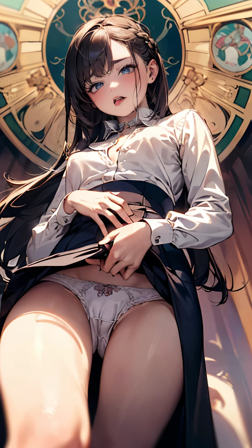 (((round face))), drooping eyes, shame, a young housewife, (focus on her mouth, ecstasy face, lewd girl, casual clothes, unbuttoned-shirt, tiny-panties in her long-skirt), (((masturbating while she is touching her body by herself, tongue))), braid, (((art nouveau))), angle from below,