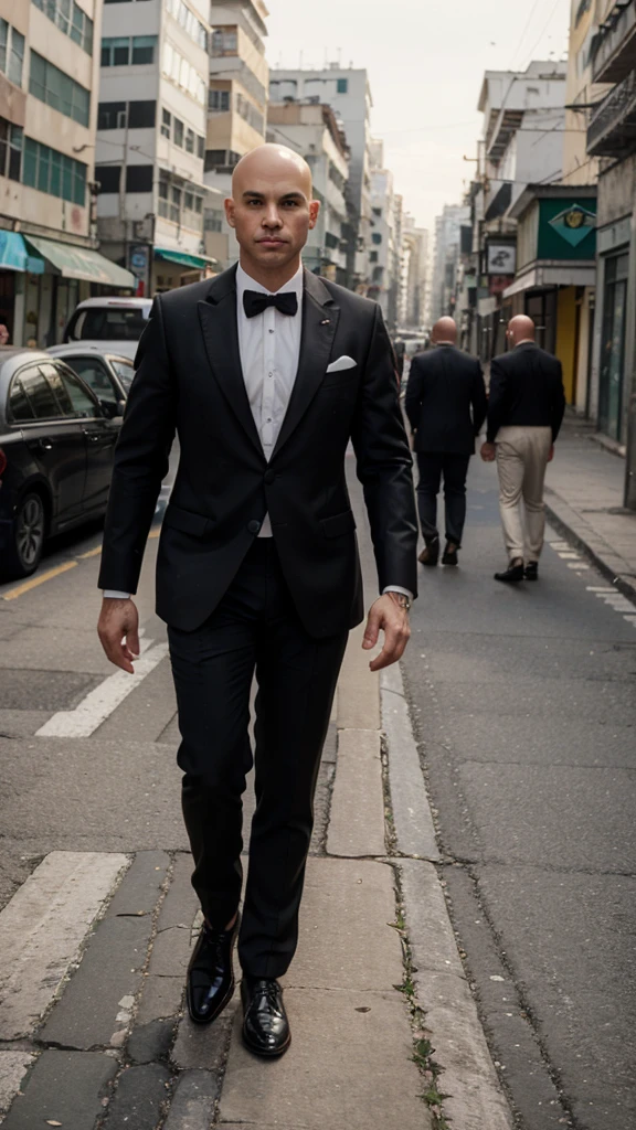 Make a 30 year old man, offwhite, baldie, without hair, with formal wear, walking in street, looking at camera, black dress shoes, Rio de Janeiro background 