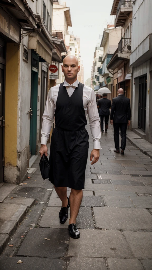arafed man in a white shirt and brown skirt walking on a brick street, a picture by Daniel Seghers, pexels, renaissance, wide skirts, masculine appeal high fashion, cinematic outfit photo, style of marcin blaszczak, super buff and cool, handsome man, strong masculine features, clothed in ancient street wear