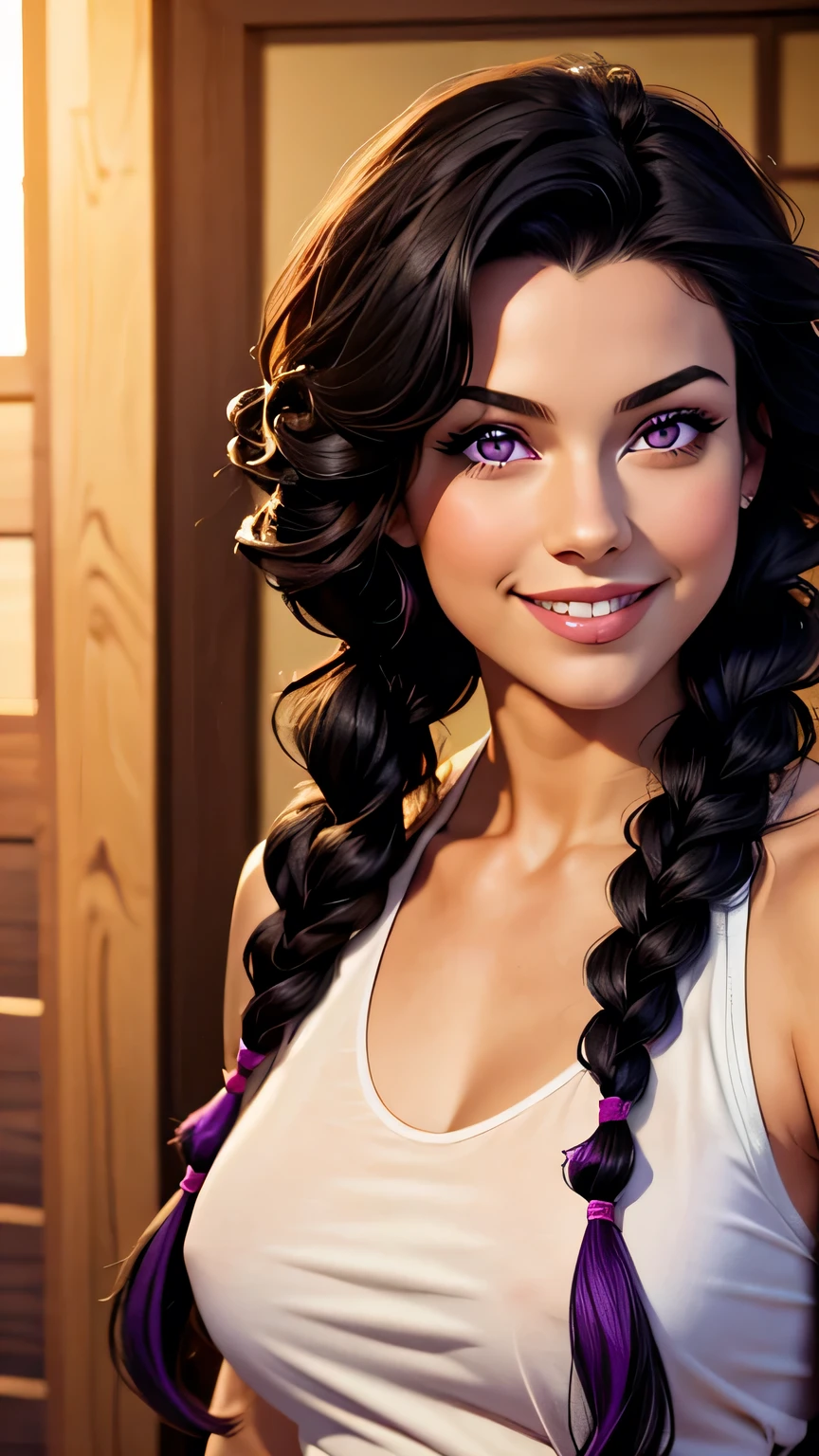 best quality, masterpiece, 1 girl, light smile, looking at viewer, black hair, purple eyes, twin braids, curly hair, upper body